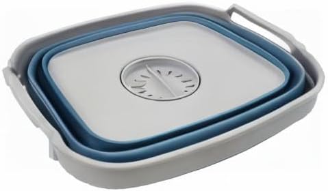 SAMMART 7.5L (2 Gallons) Collapsible Dishpan with Draining Plug - Foldable Washing Basin - Portable Dish Washing Tub - Space Saving Kitchen Storage Tray (Grey/Steel Blue, 1)