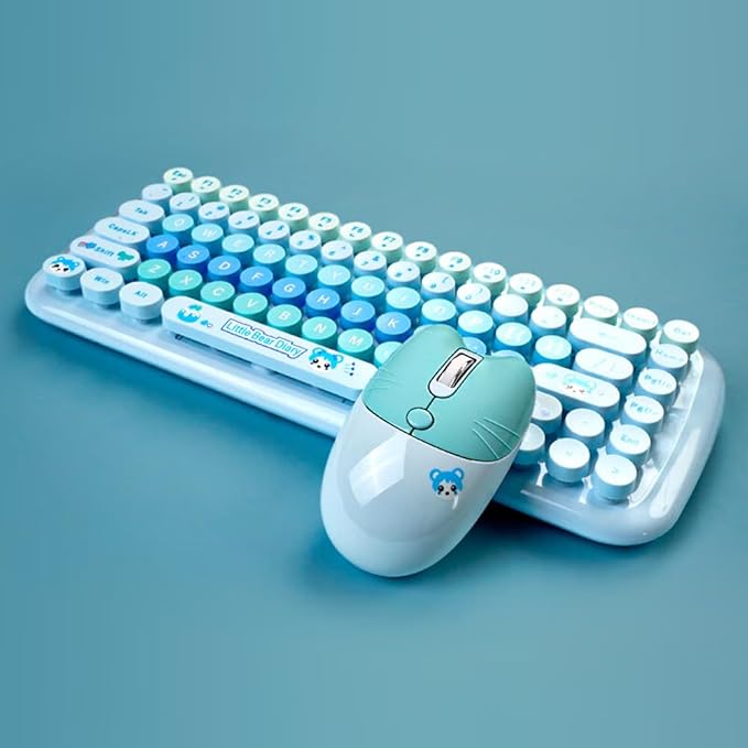 MOFII-TzBBL Mini Wireless Keyboard Mouse Set Round Keycap Multi-Colour Cute Lovely for Girls 84 Key (Multicolor Blue)