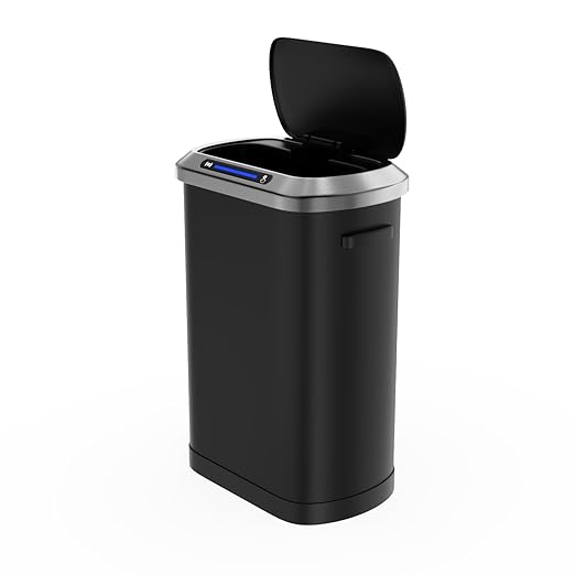 pouseayar Black 13 Gallon 50L Smart Automatic Trash Cans, Stainless-Steel Thickened Body with Super Mute Sensor Lid and 30 Count Garbage Bags for Kitchen Office Bedroom Waste Bin and More
