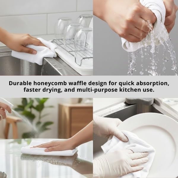 PurpleEssences Dish Cloths and Dish Rags - 6 Pack Waffle Weave Solid Kitchen Dish Wash Cloths, 100% Cotton, 12 x 12 Inches, Ultra Soft Absorbent Quick Drying - Christmas Holiday Winter - White