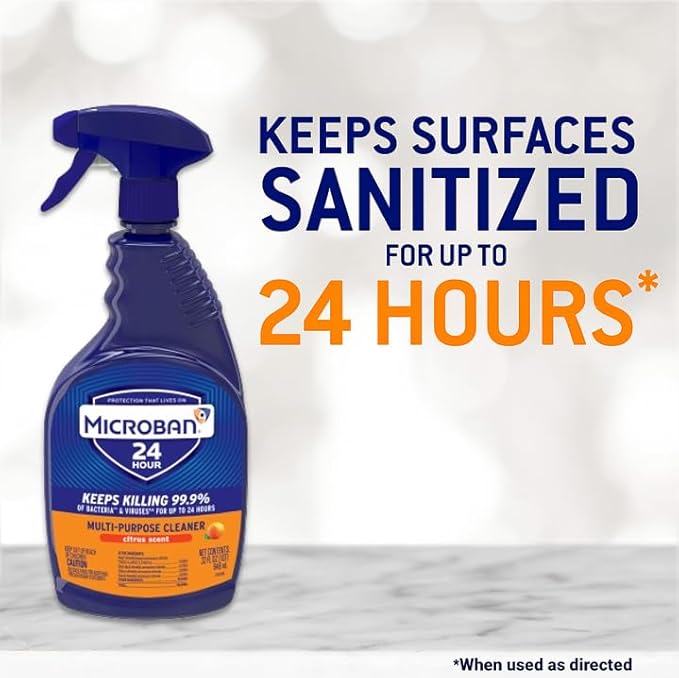 MICROBAN Multi-Purpose Cleaner, 32 oz., 2 Pack, Citrus, Penetrates Soap Scum, Greasy Soils and Reduces Odors, Keeps Killing 99.9% of Bacteria and Viruses for up to 24 Hours