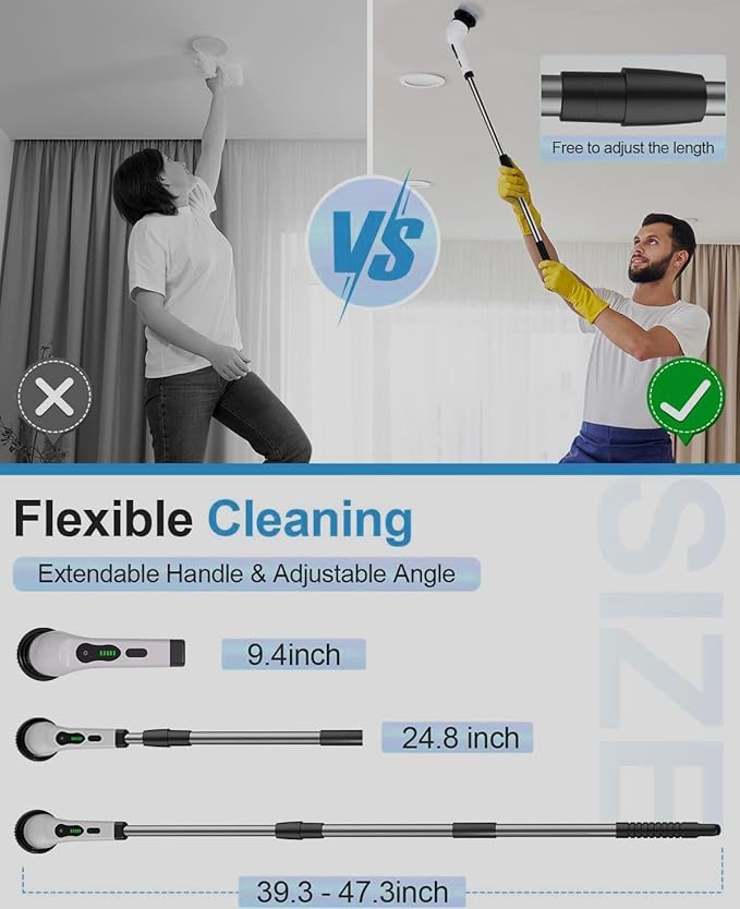 7-in-1 Electric Spin Scrubber, 25W Powerful Cordless Cleaning Brush with Adjustable Handle & 7 Replaceable Heads for Bathroom, Floor, Tile, Kitchen & Car
