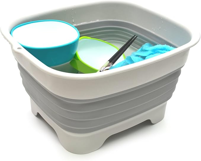 SAMMART 9.1L (2.4Gallon) Collapsible Dishpan with Draining Plug - Foldable Indoor Outdoor Washing Basin - Portable Dish Washing Tub - Space Saving Kitchen Storage Tray (1, Grey)