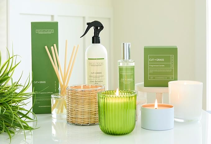FIELD FLEUR Cut Grass Linen & Room Spray 15.5 oz - Aromatic & Refreshing Bedding & Fabric Mist - Air Freshener for Clothes & Sofas - Notes of Clover, Green Grass, Wisteria & Jasmine - Made in USA