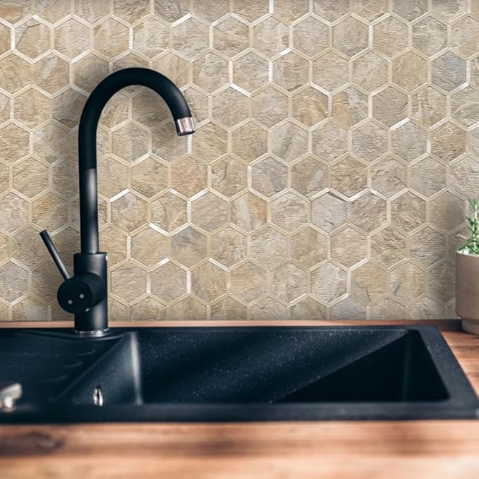 DICOFUN Hexagon Peel and Stick Backsplash Tile, Sandstone Look with Light Gold Kitchen Backsplash Peel and Stick Wall Tiles, 10