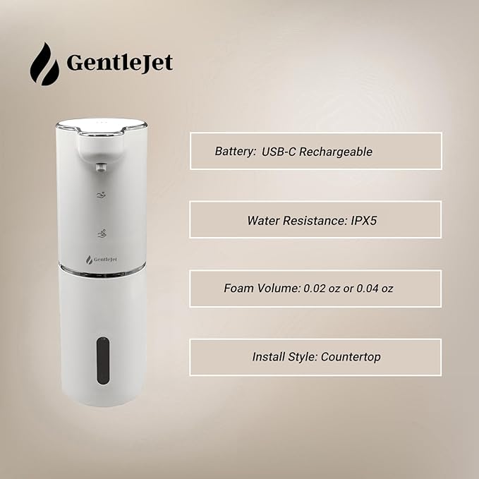 JetFoam Automatic Foam Soap Dispenser - Touchless Electric Soap Dispenser, USB-C Rechargeable, Adjustable Foam Levels, 10 oz Countertop Hands-Free Soap Pump for Bathroom & Kitchen