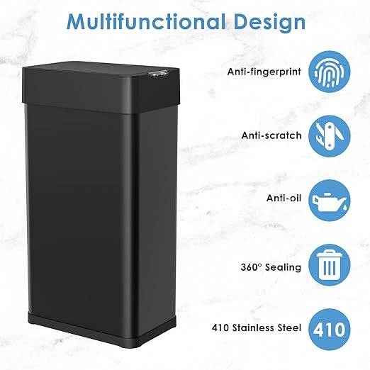 Arlopu 21.1 Gal Automatic Trash Can, 80L Stainless Steel Motion Sensor Garbage Bin, Touchless Brushed Wastebasket, W/Butterfly, Soft-Close Lid, for Living, Dinning Room, Kitchen (Black)