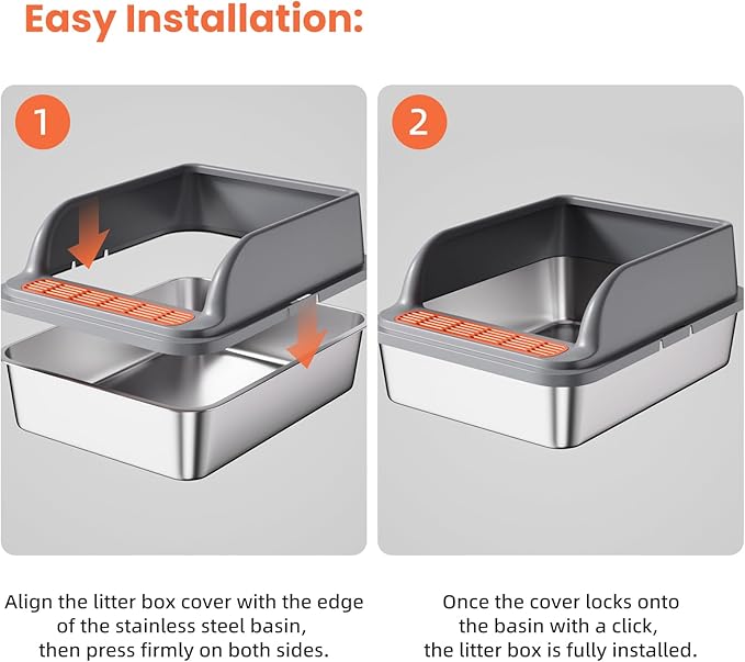 Stainless Steel Cat Litter Box, Metal Kitty Litter Box Includes Litter Mat & Scoop, Easy Cleaning Anti-Scratch Kitty Cat Box Anti-Urine Leakage, Non-Sticky, Perfect for Small Cats, Grey
