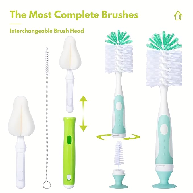 Baby Bottle Brush with One Base Hidden Nylon Nipple Cleaner, 2 Pcs Sponge Nipple Brushes, 2 Pcs Straw Brushes, Bottle Brush with Nipple Cleaner and Suction Cup (Yellow)