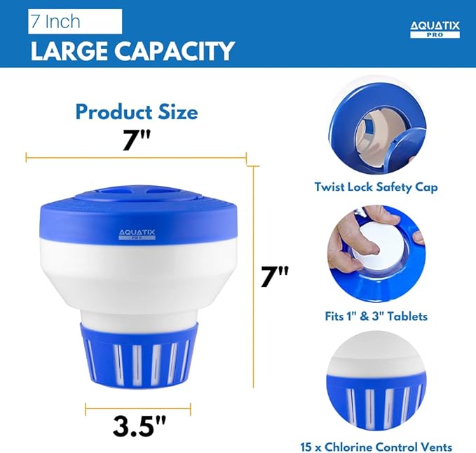 Aquatix Pro Pool Chlorine Floater Dispenser for 1 to 3 inch Tablets, Large Durable Floating Dispenser for Spa, Hot Tub, In-ground & Above Ground Small & Large Pools, Adjustable Flow Rate, Collapsible