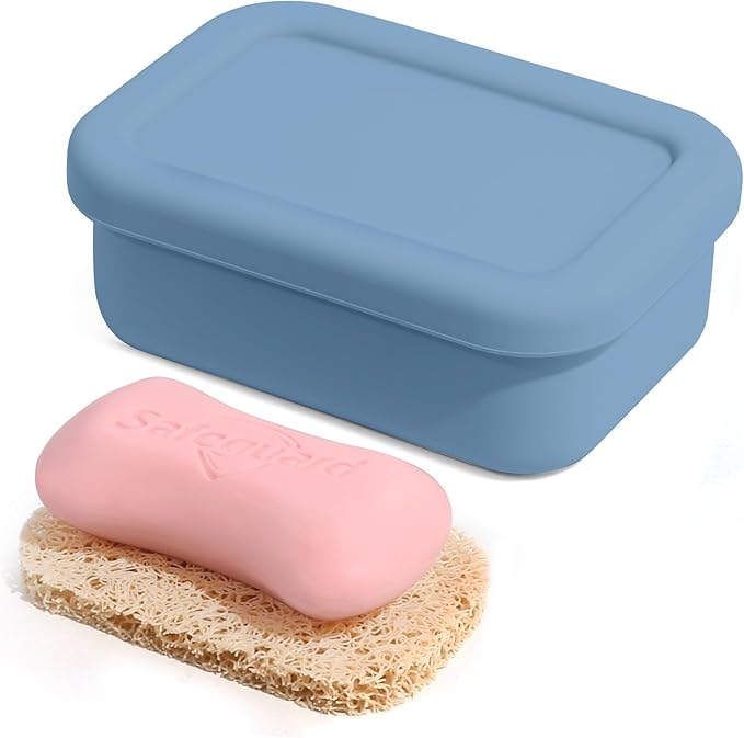 Leak Proof Silicone Travel Soap Case with Draining Tray - Bar Soap Holder for Travel, Gym & Camping - Mess-Free Portable Soap Container for Carry-on Bags (Dark Blue)