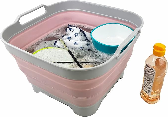 SAMMART 10L (2.64 Gallon) Collapsible Dishpan with Draining Plug - Foldable Washing Basin - Portable Dish Washing Tub - Space Saving Kitchen Storage Tray (Grey/Pale Pink)