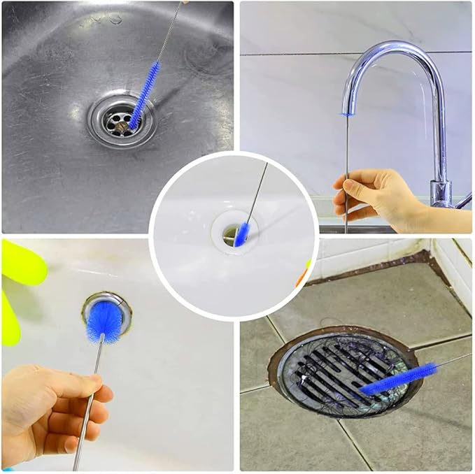 Flexible Drain Cleaning Brush (72" Long) for Drains, Bottles, Bathroom Sink, Bathtub, Shower, and Kitchen Sink, Heavy-Duty Double Ended Nylon with Elastic Hose, Bathroom Essentials, Blue