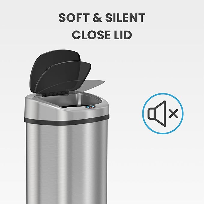 iTouchless 13 Gallon Oval Sensor Trash Can with AC Adapter and Odor Filter, Automatic Motion Sensor Kitchen Bin, Soft-Close Stainless Steel, Slim Curved Wastebasket for Narrow Walkways, Matte Silver