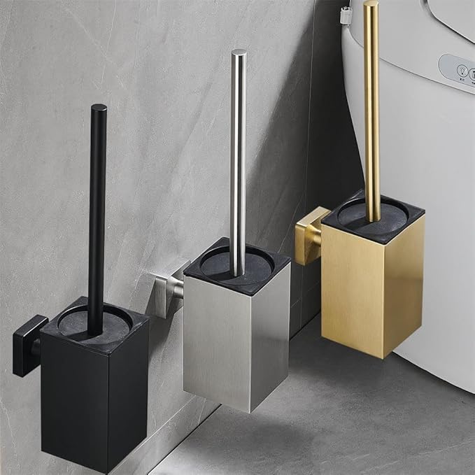 Toilet Bowl Brush and Holder Square,Stainless Steel Square Wall Mounted Toilet Bowl Brush with Lid,Cleaning Toilet Brush Set for Bathroom Brushed Gold