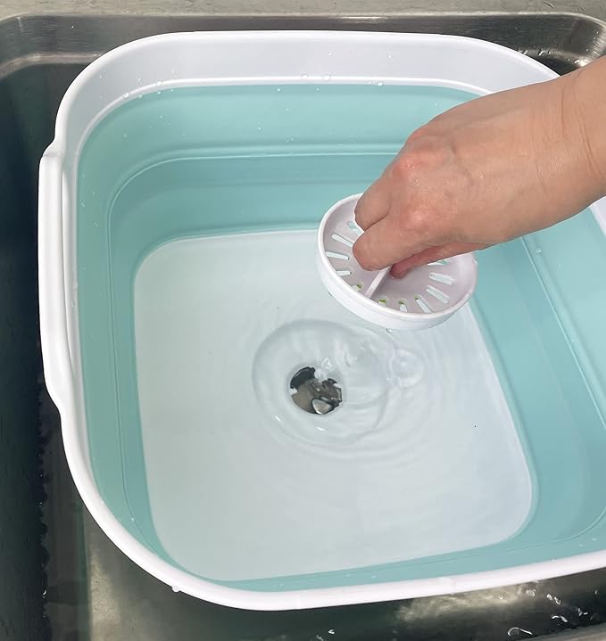 SAMMART 10L (2.64 gallon) Collapsible Dishpan with Draining Plug - Foldable Washing Basin - Portable Dish Washing Tub - Space Saving Kitchen Storage Tray (1, White/Lake Green)