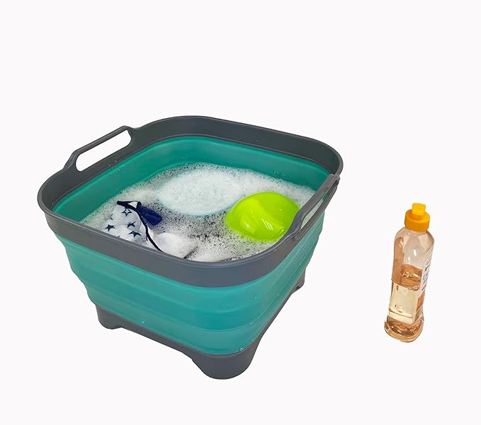 SAMMART 10L (2.64 Gallon) Collapsible Dishpan with Draining Plug - Foldable Washing Basin - Portable Dish Washing Tub - Space Saving Kitchen Storage Tray (Grey/Turquoise Blue)