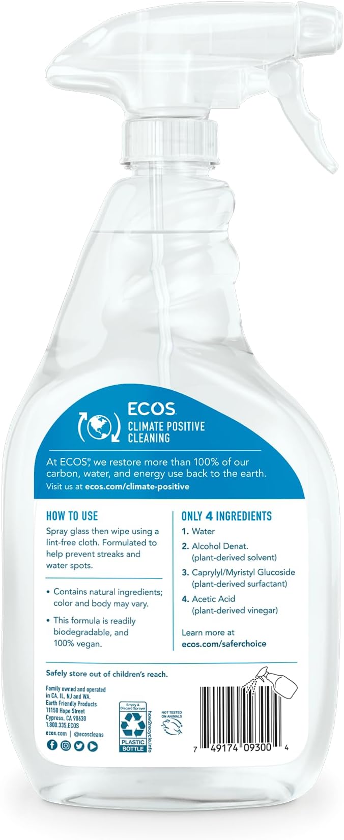 Earth Friendly Products ECOS Window Cleaner with Vinegar, 22-Ounce, (Pack of 3)