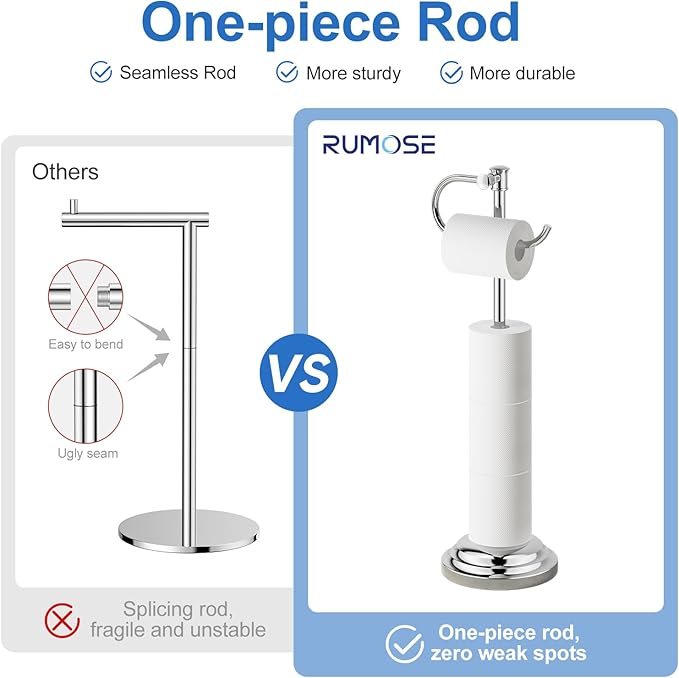 RUMOSE Toilet Paper Holder Stand for Floor, Polished Chrome Bathroom Free Standing Toilet Tissue Roll Holder with Storage, Adjustable 17-25 Inch, SUS304 Stainless Steel