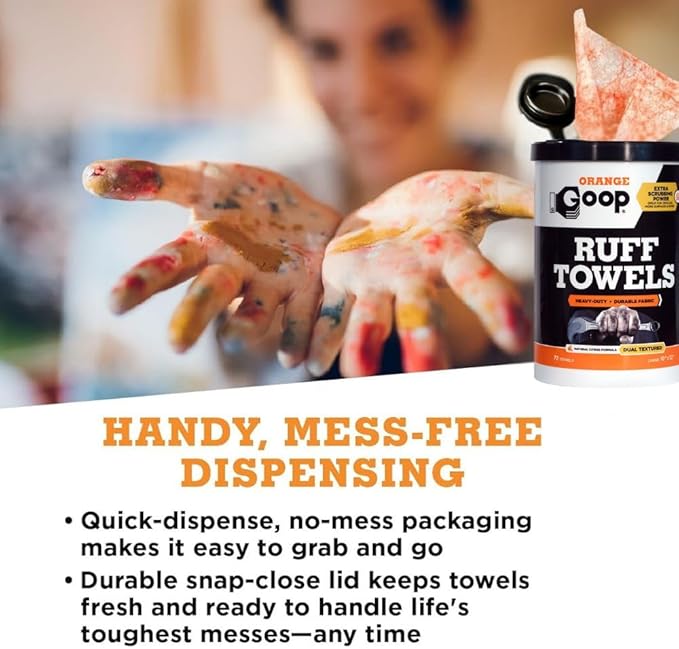 GOOP Orange Heavy Duty Ruff Towels with Scrubbing Power, 10โ x 12โ Dual Textured Multi-Purpose Cleaning Wipes, Removes Dirt, Grease, Oil, 72 Count (Pack of 2)