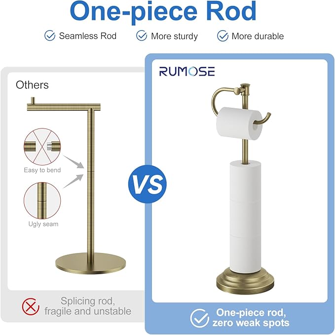 RUMOSE Toilet Paper Holder Stand for Floor, Antique Brass Bathroom Free Standing Toilet Tissue Roll Holder with Storage, Adjustable 17-25 Inch, SUS304 Stainless Steel