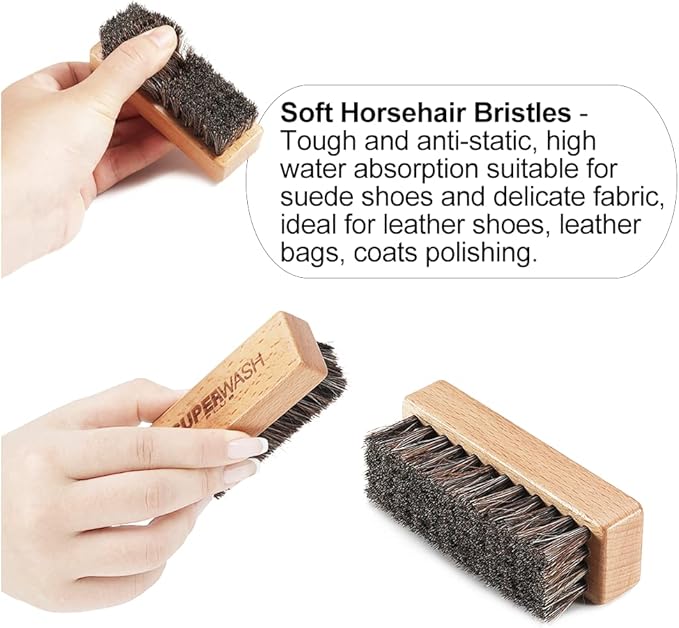 Shoe Brush for Cleaning, Horsehair Bristles Wooden Shine Shoe Brush Cleans Leather, Suede, Nubuck and Delicate Textiles - 3 Pack