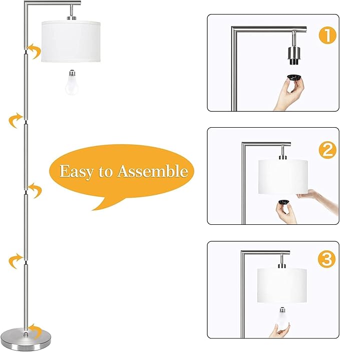 Boncoo Dimmable Silver Floor Lamp, Brushed Nickel Floor Lamps for Living Room with Adjustable White Shade, Tall Standing Lamp Modern Reading Light for Bedroom Office Nursery, 9W LED Bulb Included
