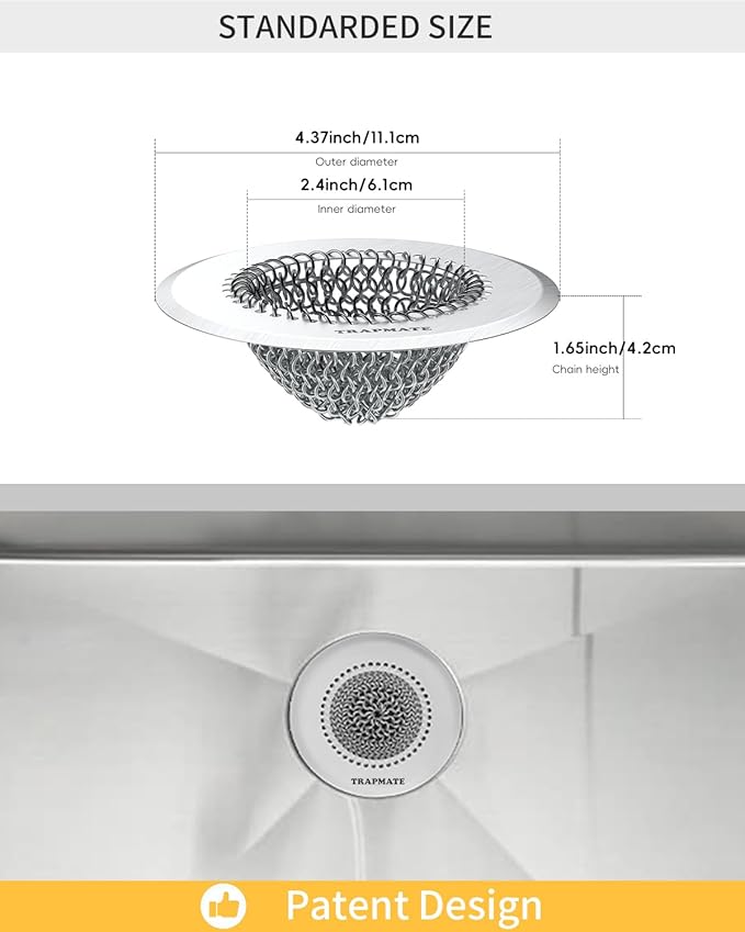 TRAPMATE 4 Pcs Kitchen Sink Drain Strainer, Stainless Steel Sink Strainer Basket with Easy Clean & Anti-Clog, Fits Garbage Disposal, Dishwasher Safe, Single & Double Bowl Sinks (Patented Product)