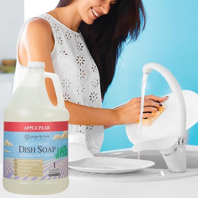 Ginger Lily Farms Botanicals Plant-Based Liquid Dish Soap, Concentrated Formula with Max Grease Cleaning Power, Cruelty-Free, Apple Pear Scent, 1 Gallon Refill (128 Fl. Oz.)