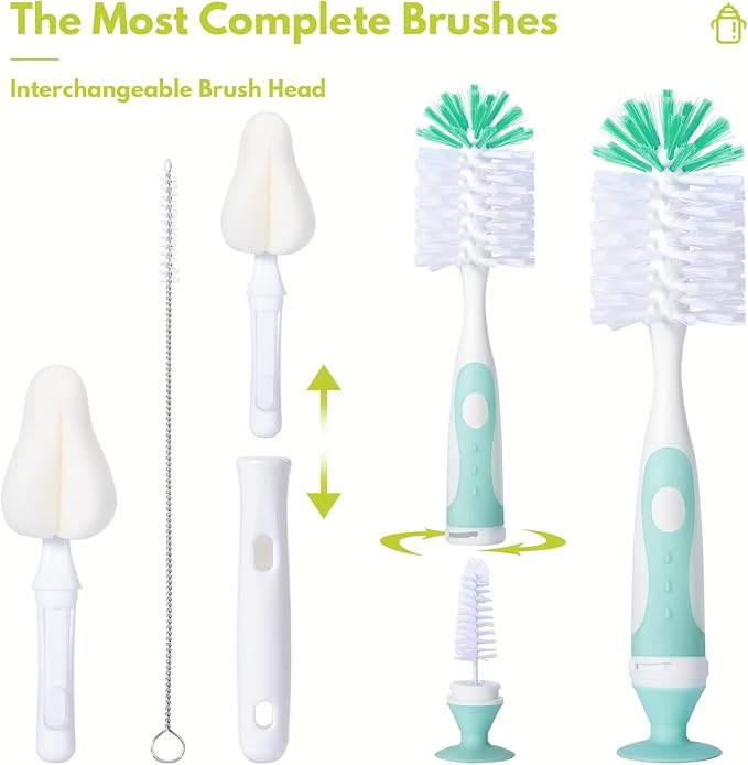Baby Bottle Brush Set with Nipple Cleaner and Suction, 10.2" Cleaning Brush and 6.5" Sponge Bottle Brush with A Replacement Brush Head and Two 6.7" Straw Brushes, Pack of 5 (Yellow)