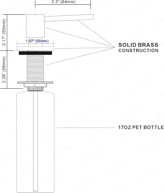 All Brass Soap Dispenser for Kitchen Sink Countertop Sink Soap Dispenser 17 OZ Bottle Built in Refill from The Top with Long Spout (Brushed Nickel)
