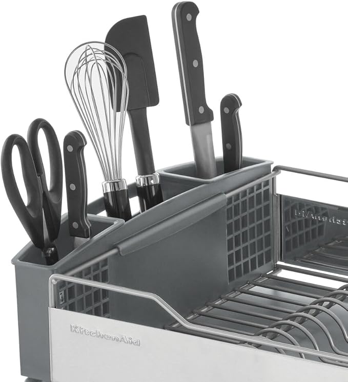 KitchenAid Large Capacity Full Size Rust Resistant Dish Rack with Angled Drain Board and Removable Flatware Caddy, Light Grey