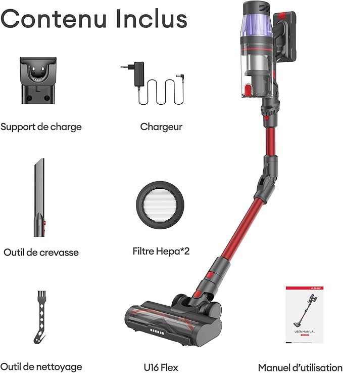 Ultenic Cordless Vacuum Cleaner, 550W/50Kpa, 60Mins Runtime, Stick Vacuum Cordless with 180°Bendable Wand, Anti-Tangle Brush, Vacuum Cleaners for Home/Pet Hair/Carpet/Floor (Red)