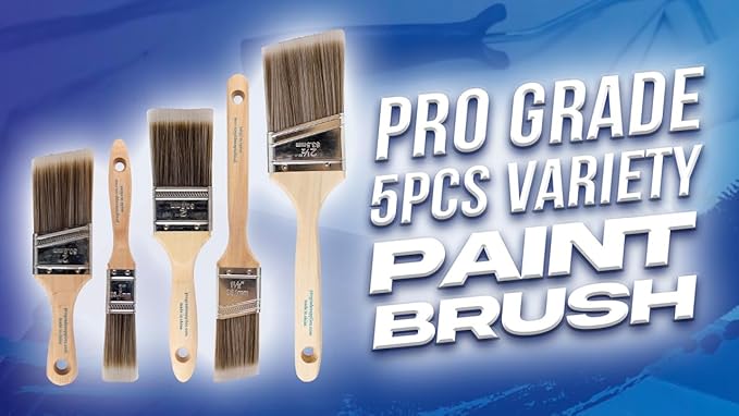 Pro Grade Paint Brushes, 5-Piece Paint Brush Set, Flat & Angle Brushes for Walls, Trim, Cabinets, Interior & Exterior Latex and Oil Paints, Stains