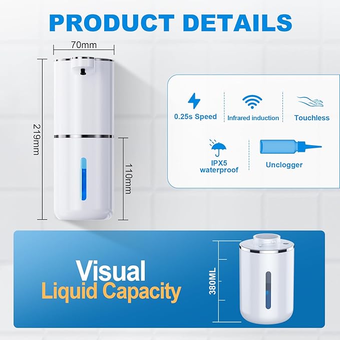 Automatic Foaming Soap Dispenser, 12.8oz/380ml Wall Mount Touchless Soap Dispenser with Sensor, 4-Level Adjustable, IPX5 Waterproof, USB Rechargeable for Bathroom, Kitchen