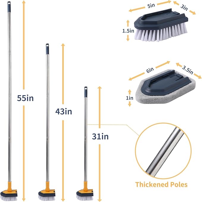 BOOMJOY Tub Cleaner Brush with Long Handle, 55" Extendable Tub Scrubber with Locking Head, No Scratch Shower Cleaning Brush for Bathtub, Bathroom Ceilings, Toilet, Kitchen, Tile, Sink