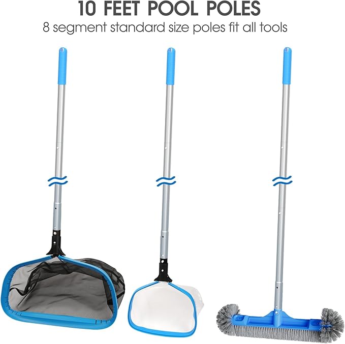 All in One Pool Cleaning Kit - 18'' Repairable Pool Nylon Net & 18'' Detachable Round Brush & 11'' Fine Mesh Skimmer Net & 10 FT Aluminum Poles & Handy Scrubber for Water Line Cleaning