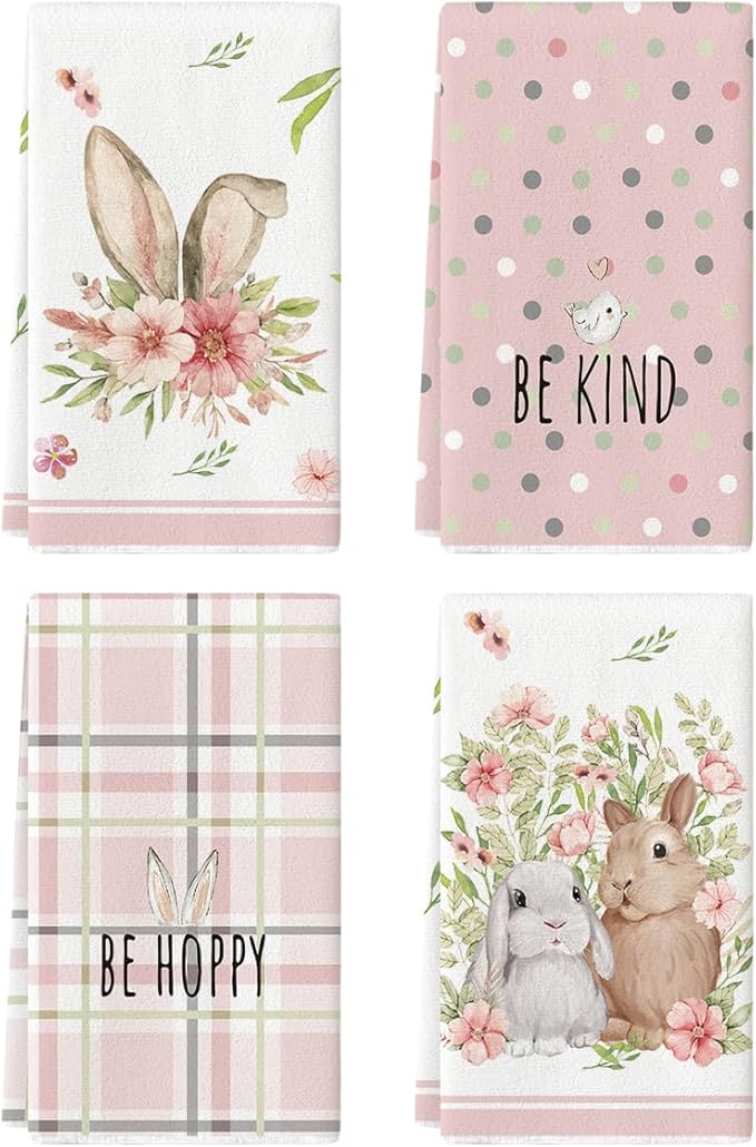 Artoid Mode Pink Bunny Rabbit Ears Floral Leaves Easter Kitchen Towels Dish Towels, 18x26 Inch Be Kind Seasonal Decoration Hand Towels Set of 4