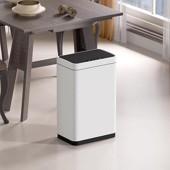 Mbillion Automatic Touchless 15 Gallon Motion Sensor Trash Can Stainless Steel Smart Trash Cans with Lid Rectangular Garbage Can for Kitchen Bedroom Home Office White
