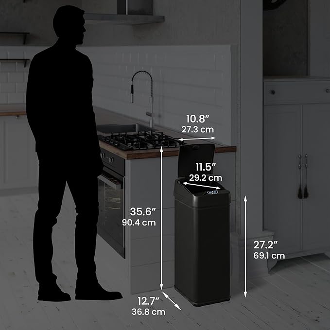 iTouchless 13 Gallon Kitchen Trash Can with Odor Filter, Automatic Motion Sensor Bin, Soft-Close Stainless Steel, Slim Wastebasket for Narrow Spaces, Matte Black