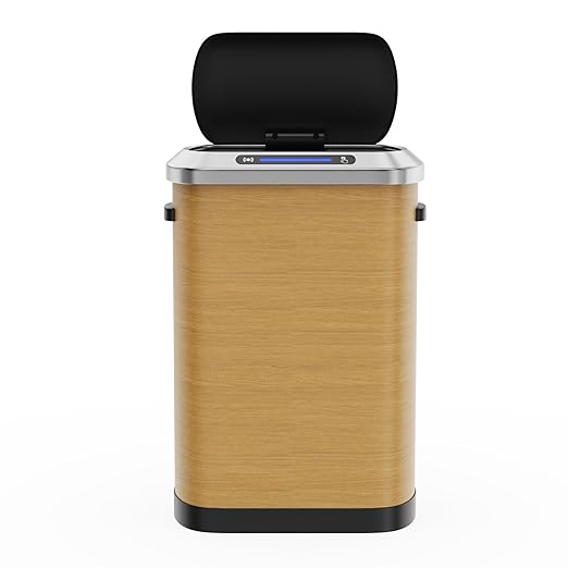 pouseayar Wood Color 13 Gallon 50L Smart Automatic Trash Cans, Stainless-Steel Thickened Body with Super Mute Sensor Lid and 30 Count Garbage Bags for Kitchen Office Bedroom Waste Bin and More