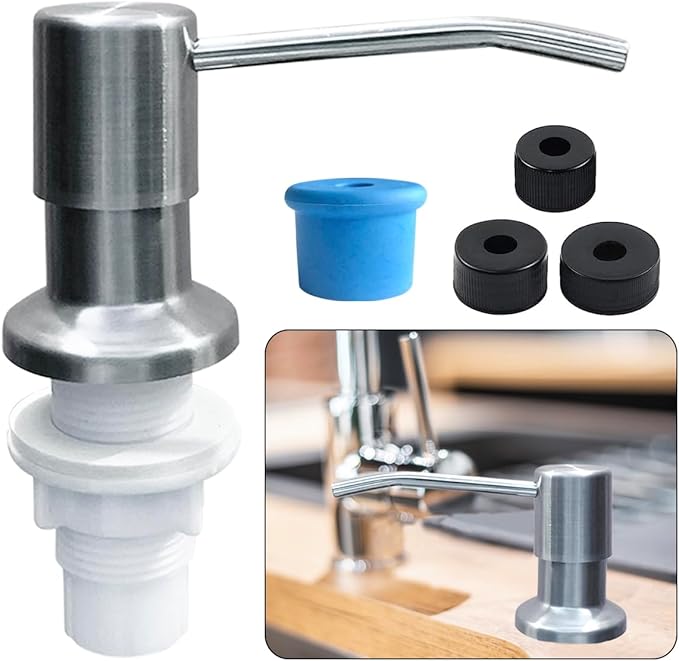 Soap Dispenser for Kitchen Sink, Stainless Steel Built in Sink Soap Dispenser Pump Head with 1.2m/4ft Silicone Water Pipe & 3 Caps for Soap Container, Kitchen Sink Accessories Bar Wash Tools