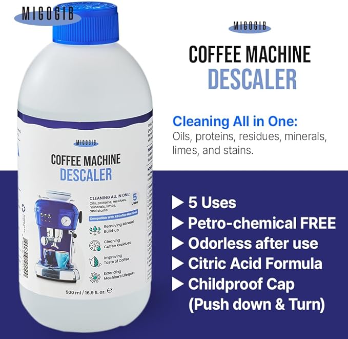 Coffee Machine Descaler Descaling Solution - 17 fl. oz. (5 Uses), Compatible with Espresso, Capsule, Drip, Pour over machines, Coffee machine accessories, Pot, Thermos, and Carafes