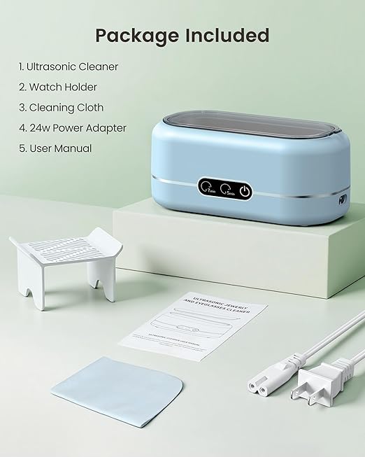 Ultrasonic Jewelry Cleaner, Upgraded Jewelry Cleaner Ultraonic Machine 48KHz for All Jewelry, Eyeglasses, Watches Strap, Dentures, Retainers & More - Light Blue