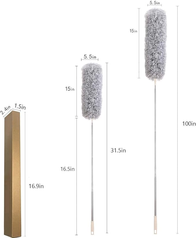Dusters for Cleaning High Ceiling Fan, Newliton Microfiber Feather Duster with 30'' to 100'' Telescoping Extension Pole, Long Extendable Duster for Home Car Furniture Cobweb Gray