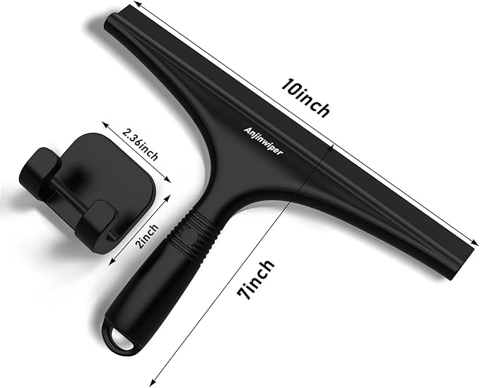 All-Purpose Shower Squeegee for Glass Doors with Hook, Silicone Squeegee for Shower Glass, Shower Doors, Windows, Bathroom, Mirrors and Tiles(10 inch, Black)
