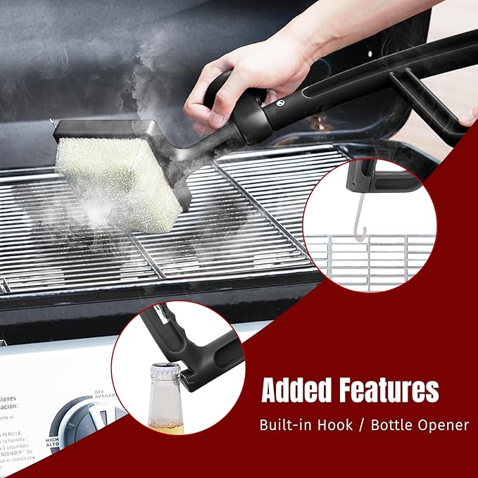 Bristle Free Grill Brush with Steam Cleaning with Replaceable Aramid Fiber Head - Heat Resistant to 600°F, Built-in Scraper for Cast Iron, Stainless Steel, Gas, Charcoal & Pellet Grills