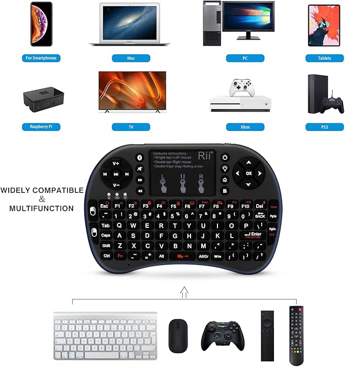 (Upgraded)Rii 2.4GHz Mini Wireless Keyboard with Touchpad,QWERTY,LED Backlit,Portable Keyboard for laptop/PC/Tablets/Windows/Mac/TV/Xbox/PS3/Raspberry Pi .(i8+ Black)