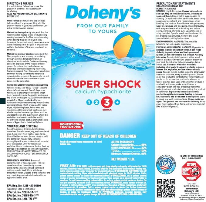 Doheny's Super Pool Shock | Pro-Grade Chlorine Shock, Quick-Dissolving, Fast-Acting 68% Cal-Hypo Granular Pool Shock | 6 x 1lb Bags, Proudly Made in The USA