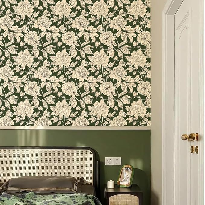 Peel and Stick Wallpaper Contact Paper for Cabinets Drawers Green Beige Floral Flower Vintage Design 17.5x500in Self Adhesive Wall Removable Desk Bedroom Moody Renter Friendly Modern